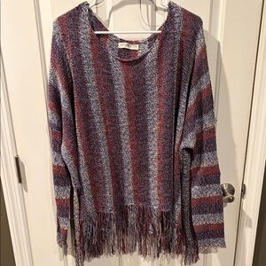 NATURAL LIFE Red and Blue Striped Sweater with Fringe